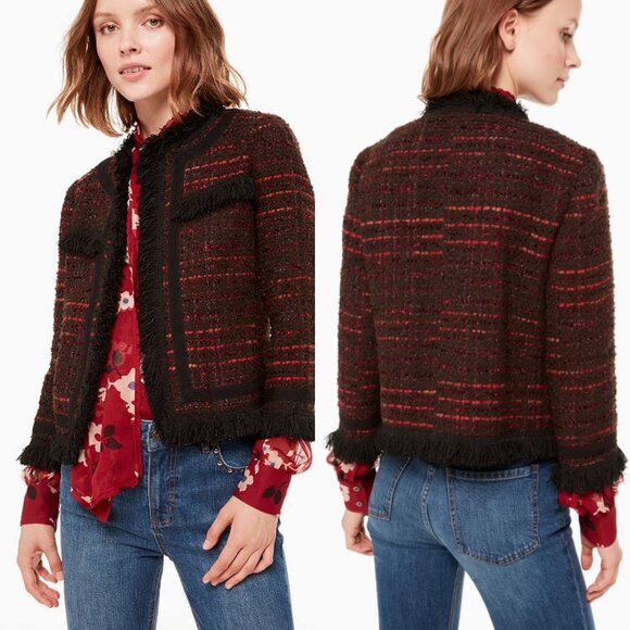 KATE SPADE Multi Tweed Fringe Lady Jacket Blazer Bittersweet Boucle Wool \\ 6 - Picture 1 of 10